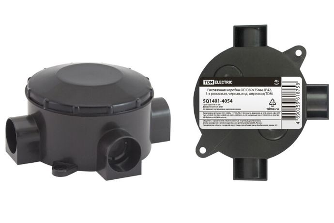 Коробка распределительная о/п D80х35мм, IP42, 3-х рожковая, черная, инд. штрихкод | SQ1401-4054 TDM