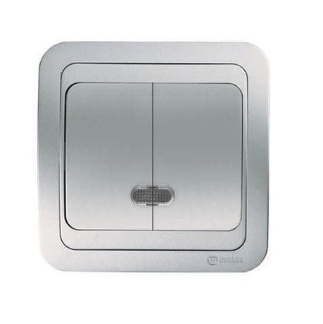 Выключатель 2-кл. СП Mimoza N 10А IP20 с подсветкой серебр./серебр. Makel 26623