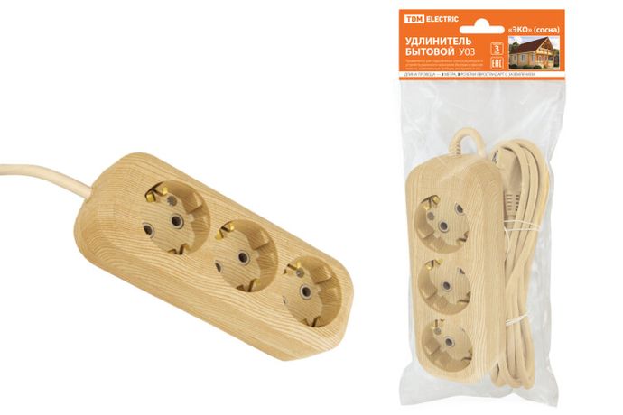 Удлинитель бытовой У03 3 гнезда, 3метра,2П+3, ПВС 3х1мм2 "Эко" (сосна) 16А/250В | SQ1303-2001 TDM