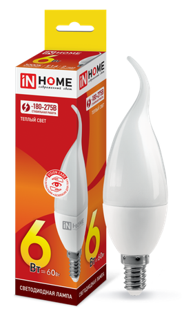 Лампа светодиодная LED-СВЕЧА НА ВЕТРУ-VC 6Вт свеча ветру 3000К тепл. бел. E14 540лм 230В IN HOME 4690612030371