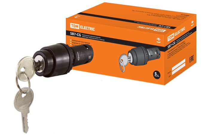 Переключатель с ключом на 2 положения фиксацией SB7-CG25 d22мм 1з+1р черный | SQ0746-0073 TDM