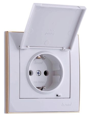 Розетка 1-м СП Rain с заземл. защ. крышкой керамика зол. боковой вставкой бел. LEZARD 703-0226-123