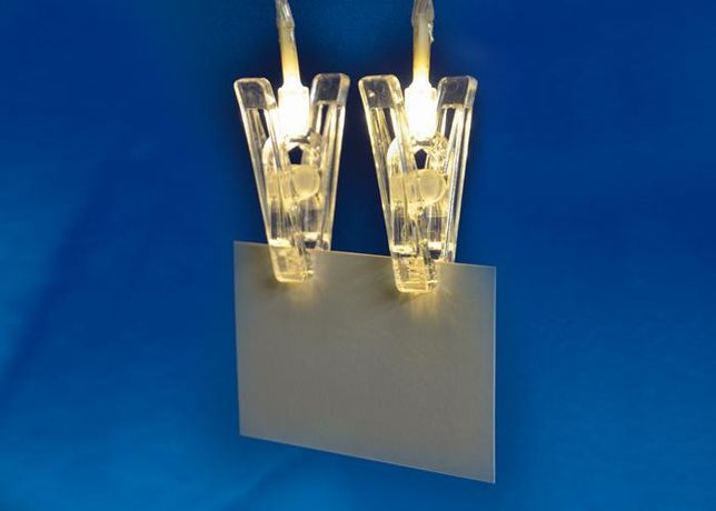 Гирлянда светодиодная на батарейках 2AA (не в/к) Прищепки 2м 10 светодиодов Теплый белый свет Провод прозрачный ULD-S0200-010/STB/2AA WARM WHITE IP20 CLIPS - UL-00005484 Uniel