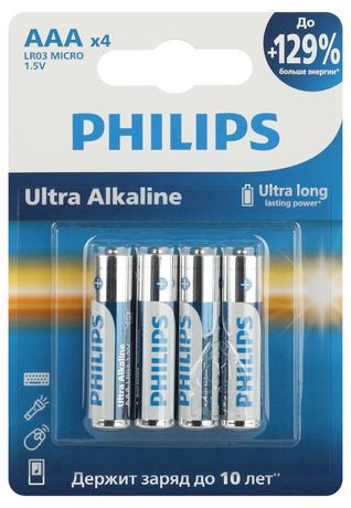Элемент питания алкалиновый AAA/LR03 1.5В Ultra (уп.4шт) Philips Б0062734 PHILIPS Элементы питания арт. Б0062734