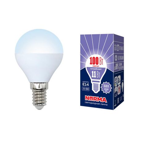 Лампа светодиодная LED-G45-11W/DW/E14/FR/NR Форма шар, матовая. Серия Norma. Дневной белый свет (6500K). Картон. ТМ Volpe - UL-00003830 Uniel