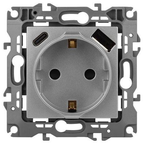 Розетка Серия 12 12-4108-03 2P+E 16A-250В со шторками с USB type-A+C 5В-3А алюминий | Б0067716 ЭРА