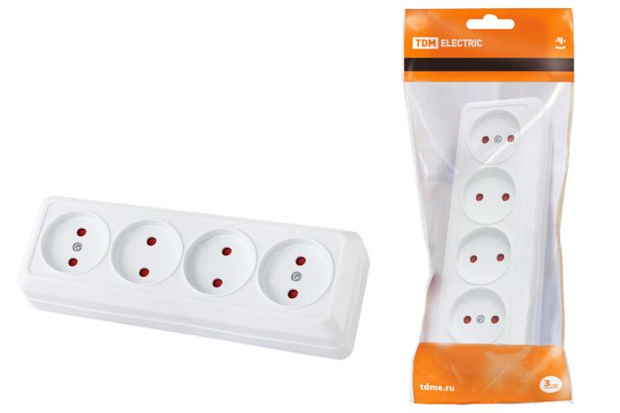 Розетка 4-х местная горизонтальная 2П открытой установки IP20 10A с з/ш белая "Ладога | SQ1801-0129 TDM