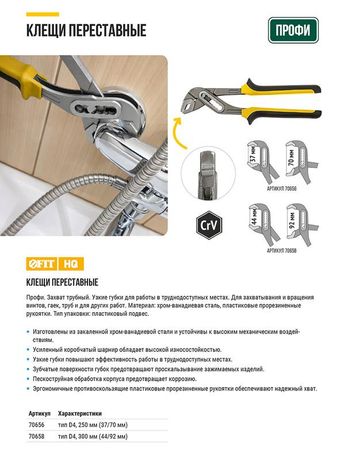 Клещи переставные CrV, тип D4, узкие губки 250 мм ( 37 / 70 ) - 70656 РОС FIT арт. 70656