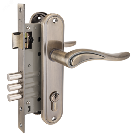 Замок врезной цилиндровый с ручками для деревянных дверей АЛЛЮР 102/3 AB старая бронза - 5788 ПТК