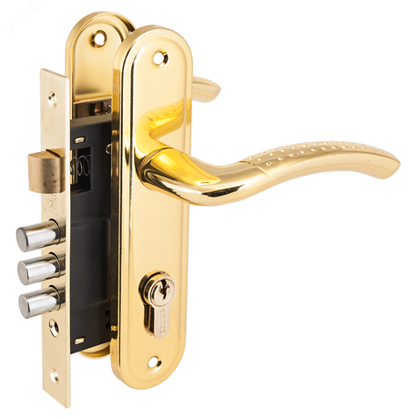 Замок врезной цилиндровый с ручками для деревянных дверей, АЛЛЮР 132/3-61А(1232) GP латунь - 6803 ПТК