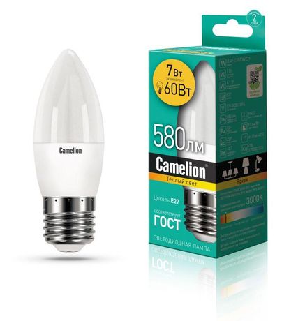 Лампа светодиодная LED7-C35/830/E27 7Вт свеча 3000К тепл. бел. E27 530лм 220В Camelion 12077