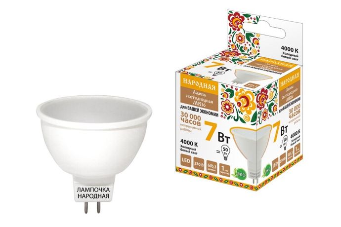 Лампа светодиодная LED 7Вт GU5.3 230В 4000К MR16 Народная отражатель (рефлектор) | SQ0340-0133 TDM