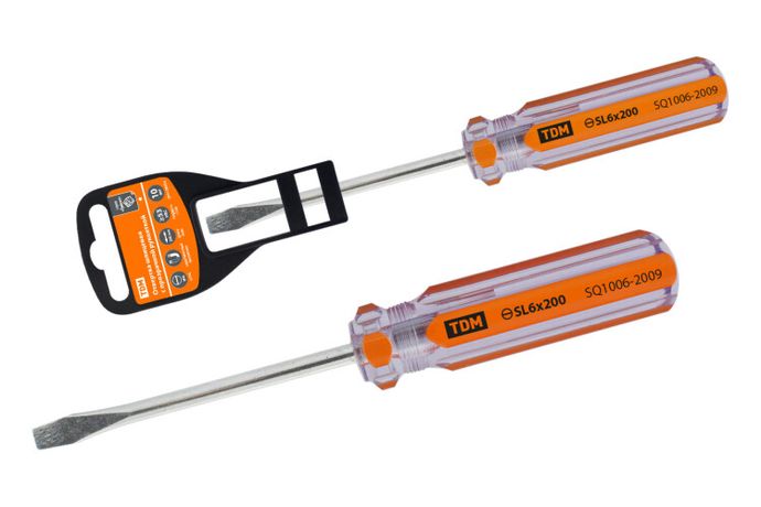 Отвертка шлицевая, прозрачная рукоятка, углеродистая сталь, тип SL6.0 x 200 мм, серия "Гранит" | SQ1006-2009 TDM
