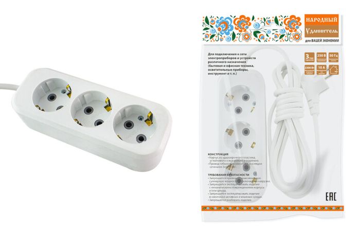 Удлинитель народный УН03 3 гнезда, метра, с/з, ПВС 3х0,75мм2 10А/250В | SQ1303-1041 TDM