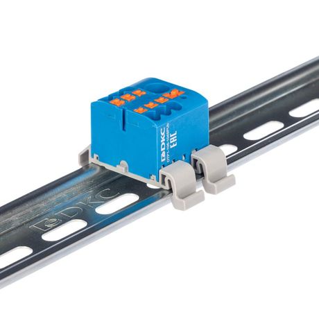 Блок распределительный с гориз. адаптером на рейку шириной 35мм, зажим push-in, 1 ввод 6 кв.мм, точек подключения 2,5 синий - DTP1-106-104SPUB-H ДКС