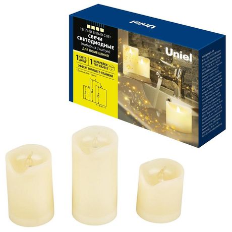 Фигура светодиодная ''Свеча'' на батарейках CR2032 (в/к) ULD-F060 WARM WHITE CANDLE SET3 в составе набора из 3 штук 1 светодиод Теплый белый свет - UL-00008593 Uniel