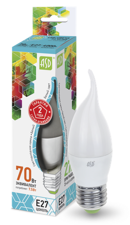 Лампа светодиодная LED-Свеча на ветру-standard 7.5Вт свеча ветру 4000К нейтр. бел. E27 675лм 160-260В ASD 4690612004587