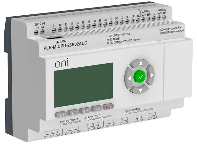 Контроллер программируемый логический (микро ПЛК) PLR-M. CPU DI16/DO08(R)/AO02 24В DC ONI PLR-M-CPU-26R02ADC IEK