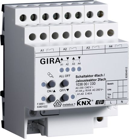 Реле / Устройство управления жалюзи 4/2-кан 16 A тип REG plus Gira KNX 103600