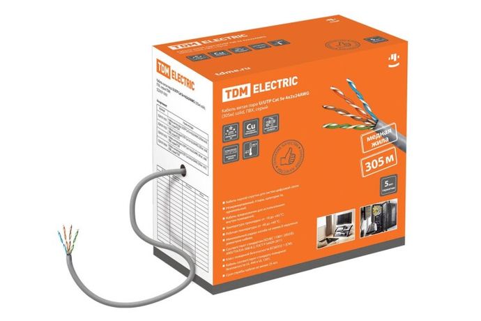 Кабель витая пара U/UTP Cat 5e 4х2х24AWG (305м) solid, ПВХ, серый | SQ0107-0101 TDM