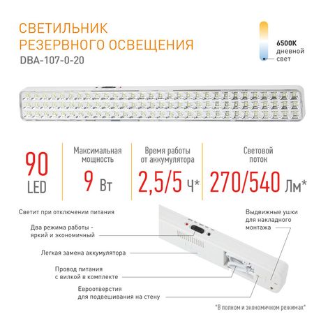Светильник светодиодный аварийный непостоянный DBA-107-0-20 90LED 4ч IP20 (20/560) ЭРА - Б0044404