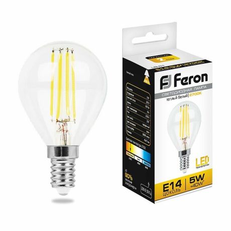 Лампа светодиодная LB-61 (5W) 230V E14 2700K филамент G45 прозрачная | 25578 FERON
