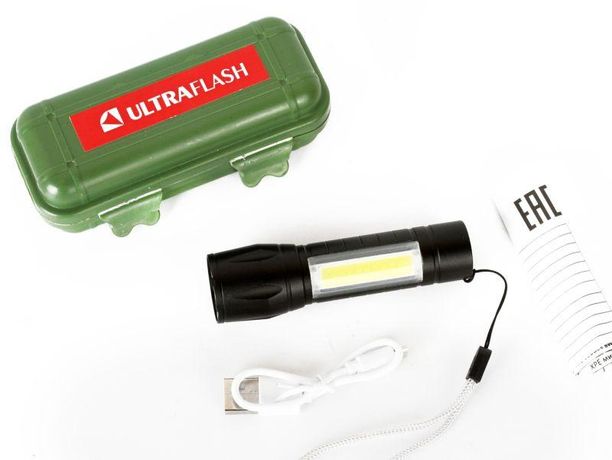 Фонарь аккумуляторный E1337 XPE + COB LED 3Вт 3 режима аккум. 3.7В черн. (бокс) Ultraflash 14269