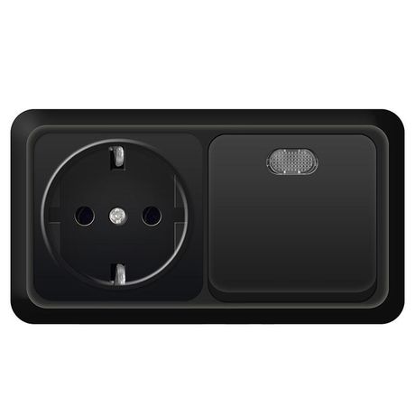 Блок UNIVersal серия Олимп, о/у, выключатель одноклавишный с подсветкой 10А + розетка с/з 16A, 220В, горизонтальный черный - 7946808 Союз