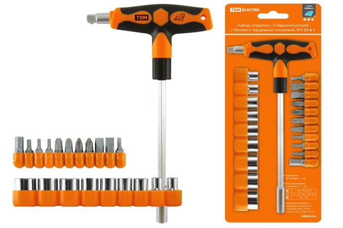 Набор отвертка с Т-образной ручкой битами и торцевыми головками, №3, 21 предмет "Алмаз" | SQ1019-0203 TDM