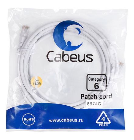 Патч-корд PC-UTP-RJ45-Cat.6-5m-WH U/UTP, категория 6, 2xRJ45/8p8c, неэкранированный, белый, PVC, 5м - 8674c Cabeus