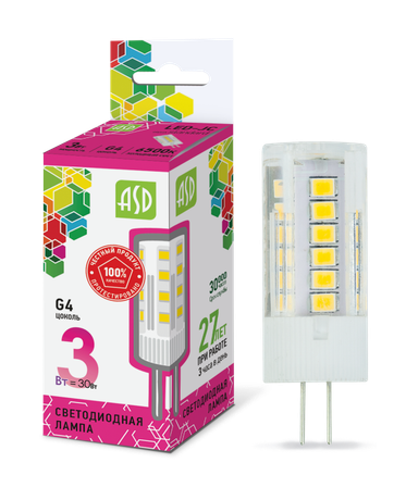 Лампа светодиодная LED-JC-standard 3Вт 12В G4 6500К 270Лм | 4690612026381 ASD