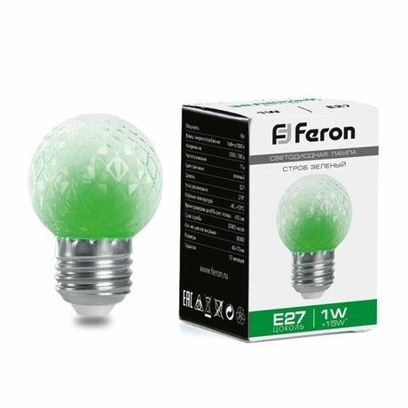 Лампа светодиодная LED 1вт Е27 строб зеленый шар - 38209 FERON