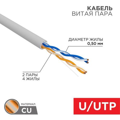 Кабель витая пара U/UTP, CAT 5e, PVC, 2PR, 24AWG, INDOOR, SOLID, серый, 305м, РФ | 01-0023-R REXANT MEET