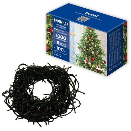 Гирлянда ULD-S10000-1000/DGA WHITE IP20 светодиодная, 100м. 1000 светодиодов. Белый свет. Провод зеленый. ТМ - UL-00009934 Uniel