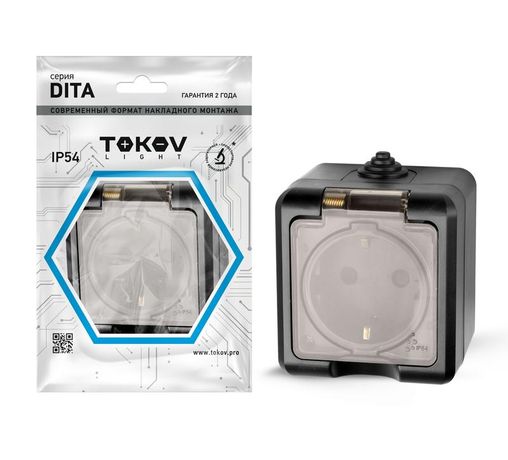 Розетка 1-м ОП Dita 16А IP54 250В с заземл. прозр. крышкой карбон TOKOV ELECTRIC TKL-DT-R1Z-C14T-IP54