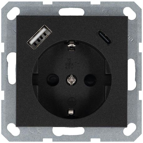 Розетка Shuko 16А с заземл. защ. шторки 2-мя заряд. устройствами USB тип A+C 25Вт механизм антрацит Jasmart G5501USB-25B