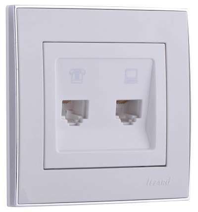 Розетка компьютерная + телефонная 2-м СП Rain RJ45 RJ11 с хром. боковой вставкой бел. LEZARD 703-0225-143