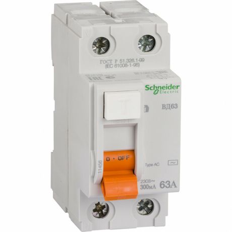 Выключатель дифференциальный (УЗО) ВД63 2п 63А 300мА тип AC | 11456 Schneider Electric