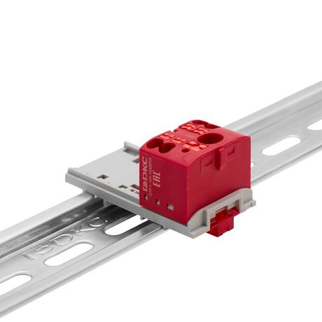 Блок распределительный с верт. адаптером на рейки шириной 15/35мм, зажим push-in, 1 ввод 6 кв.мм, 4 точки подключения 2,5 красный - DTP1-104-104SPUR-V ДКС