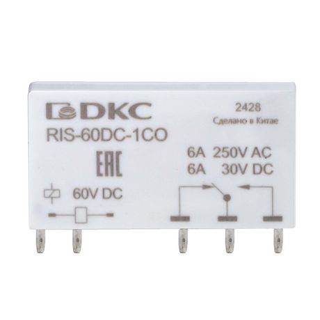 Реле миниатюрное ультратонкое, 1CO, ком. ток 6А, AgSnO2, напряжение 60V DC | RIS-60DC-1CO DKC ДКС