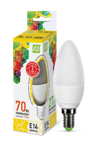 Лампа светодиодная LED-свеча-standard 7.5Вт свеча 3000К тепл. бел. E14 675лм 160-260В ASD 4690612003924