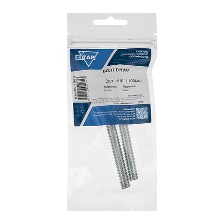 Болт с шестигранной головкой М10х100 DIN 933 оцинк. (уп.2шт) Tech-Krep/Zitar 126517