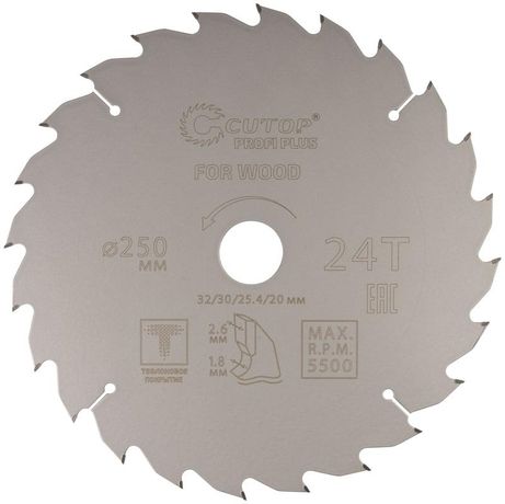 Диск пильный по дереву с тефлоновым покрытием 24Т, CUTOP Profi plus, 250 х 1,8/2,6 32/30/25,4/20 мм - 75-25024Т РОС