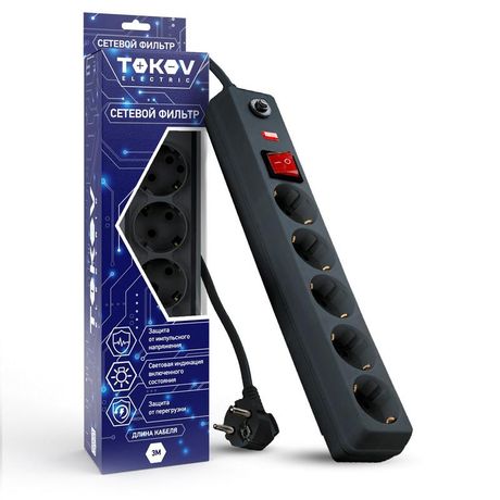 Удлинитель с сетевым фильтром 5х3м заземл. выкл. 16А защ. от скачков напр. и перегрузок 3х1 сер. TOKOV ELECTRIC TKE-C06-SF5-3-ZV
