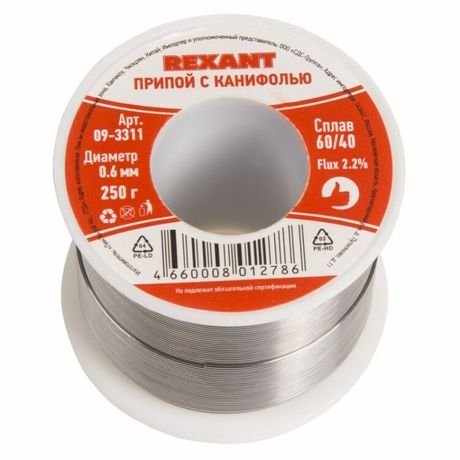 Припой с канифолью, 250 г, 0.6 мм, (олово 60%, свинец 40%), катушка - 09-3311 MEET