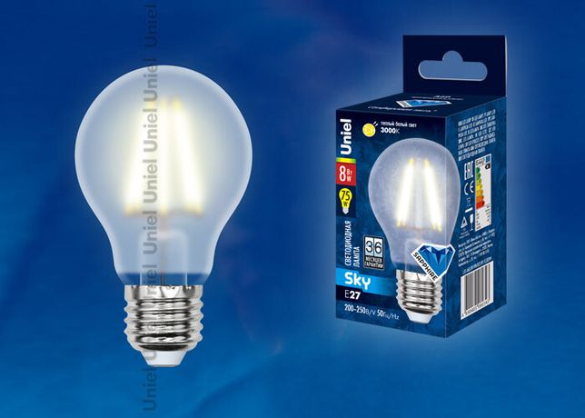 Лампа светодиодная LED-A60-8W/WW/E27/FR PLS02WH LED. "груша" мат.. Серия Sky. 3000К . | UL-00000304 Uniel