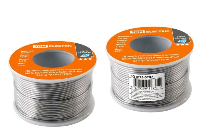 Припой с канифолью и флюсом (60% Sn/40% Pb) в бобине d1мм 250 гр "Алмаз" | SQ1025-0207 TDM