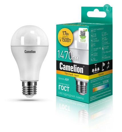 Лампа светодиодная LED17-A65/830/E27 17Вт грушевидная 3000К тепл. бел. E27 1470лм 170-265В Camelion 12308