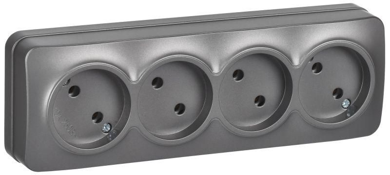 Розетка 4-м ОП GLORY РС24-2-ХСм 10А без заземл. защ. шторок сталь матов. IEK ERH40-K46M-10
