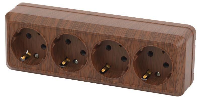 Розетка однофазная четырехместная наружная (открытой установки) с заземлением без шторок венге 16А 250В IP20 2-208-10 Intro Quadro - Б0053842 ЭРА